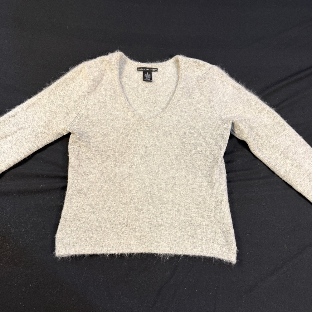 Sarah Spencer Womens Angora Rabbit Hair Blend V-Neck‎ Fuzzy Sweater Grey Small